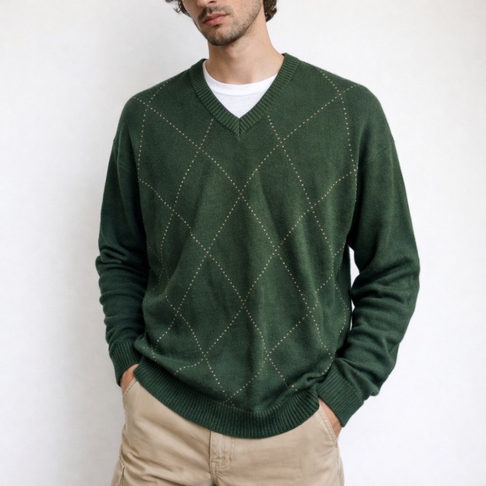 VTG 90s Tommy Hilfiger Argyle Sweater Large Green Preppy Grandpa